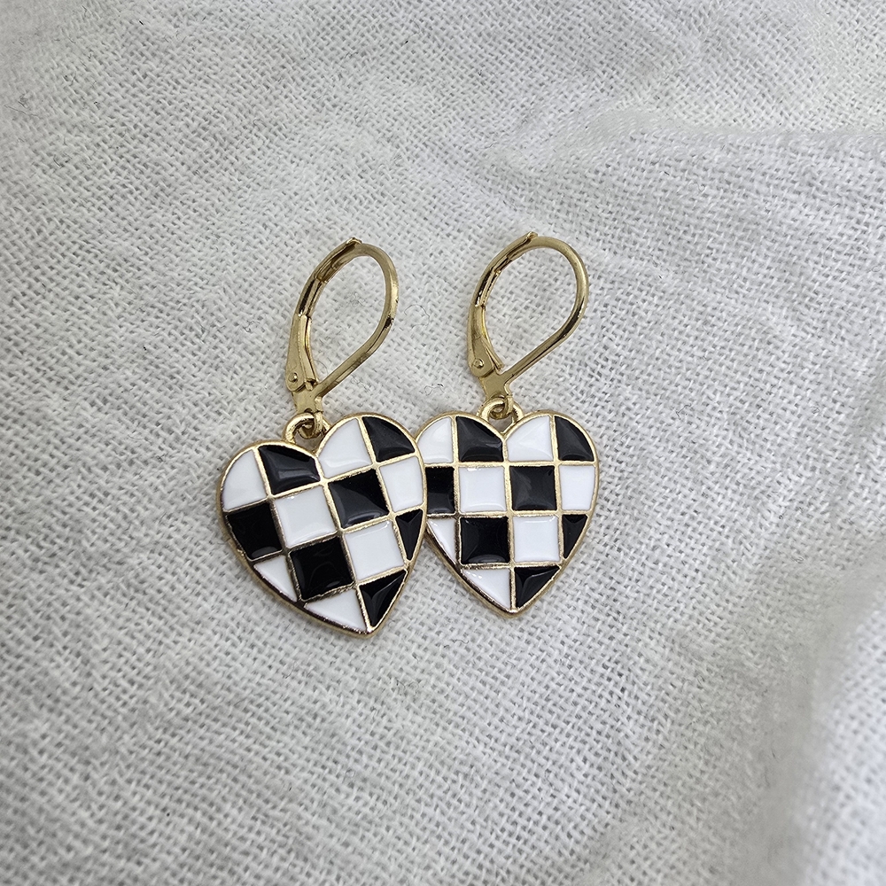 Gold Heart Checkerboard Drop Earrings - Black & White